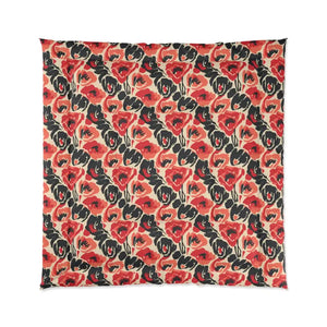 Floral Poppy Comforter - Vintage Red Black Patterned Bedding - Dipaliz - 88’’ × - Quilts & Comforters
