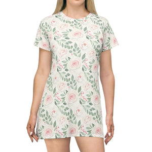 Floral Rose All-over Print T-shirt Dress, Pastel Vintage Garden Pattern - Dresses