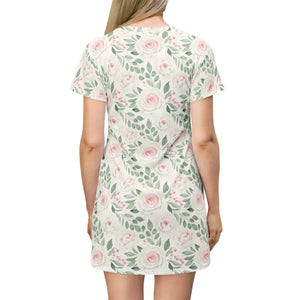 Floral Rose All-over Print T-shirt Dress, Pastel Vintage Garden Pattern - Dresses