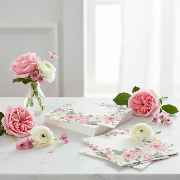Floral Rose Border Napkins - Romantic Pink Garden Party - Dipaliz - White / 4.75’’ x / 50 Pcs - Home Decor