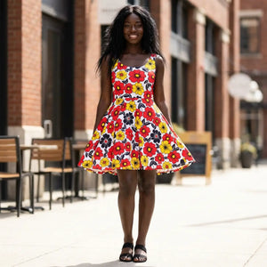 Yellow Retro Flower Skater Dress – Summer Knit - Dipaliz - Dresses - Xs