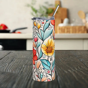 Skinny Tumbler 20oz Floral Stainless Steel with Tapered Shape - Dipaliz - White / Tumblers