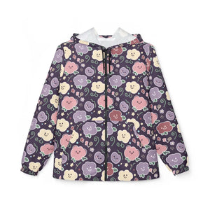 Floral Smile Windbreaker, Cute Pastel Flower All-over Print Hooded Jacket - Windbreakers - s