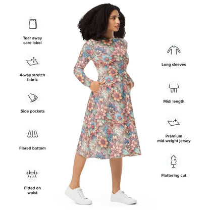 Floral Sophistication: Your Cozy Sleeve Midi Dress - Dresses