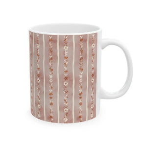 Floral Stripe Ceramic Mug, Pink Boho Daisy Pattern (11oz & 15oz) - Mugs