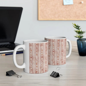 Floral Stripe Ceramic Mug, Pink Boho Daisy Pattern (11oz & 15oz) - Mugs