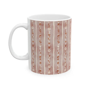 Floral Stripe Ceramic Mug, Pink Boho Daisy Pattern (11oz & 15oz) - Mugs