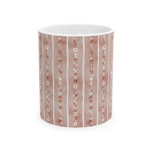 Floral Stripe Ceramic Mug, Pink Boho Daisy Pattern (11oz & 15oz) - Mugs