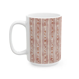 Floral Stripe Ceramic Mug, Pink Boho Daisy Pattern (11oz & 15oz) - Mugs