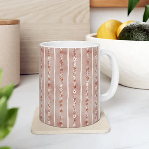 Floral Stripe Ceramic Mug, Pink Boho Daisy Pattern (11oz & 15oz) - Mugs