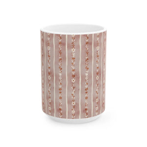 Floral Stripe Ceramic Mug, Pink Boho Daisy Pattern (11oz & 15oz) - Mugs