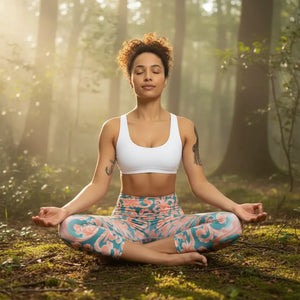 Floral swirl leggings with forest background