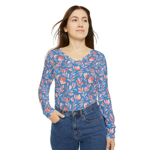 Floral V-neck Long Sleeve, Blue & Coral All-over Print Top - T-shirts - Xs