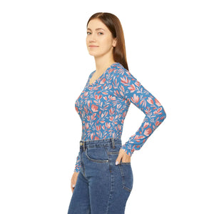 Floral V-neck Long Sleeve, Blue & Coral All-over Print Top - T-shirts - Xs