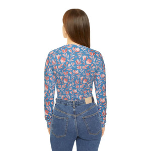 Floral V-neck Long Sleeve, Blue & Coral All-over Print Top - T-shirts - Xs