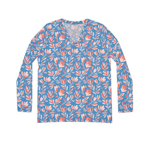 Floral V-neck Long Sleeve, Blue & Coral All-over Print Top - T-shirts - Xs