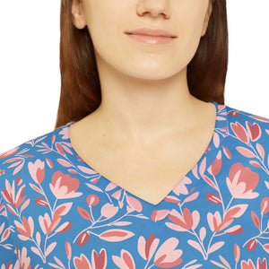 Floral V-neck Long Sleeve, Blue & Coral All-over Print Top - T-shirts - Xs
