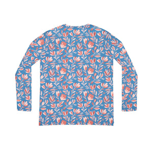Floral V-neck Long Sleeve, Blue & Coral All-over Print Top - T-shirts - Xs