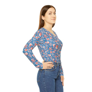 Floral V-neck Long Sleeve, Blue & Coral All-over Print Top - T-shirts - Xs