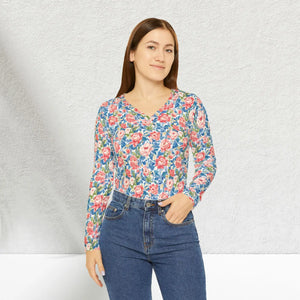 Floral Pink Rose Long Sleeve Shirt - v Neck Casual - Dipaliz - T-shirts - Xs