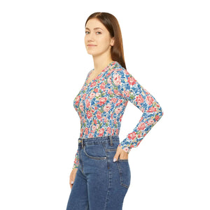 Floral Pink Rose Long Sleeve Shirt - v Neck Casual - Dipaliz - T-shirts - Xs