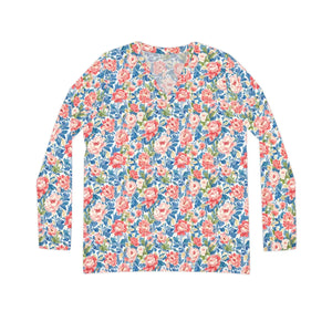 Floral Pink Rose Long Sleeve Shirt - v Neck Casual - Dipaliz - T-shirts - Xs
