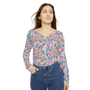 Floral Pink Rose Long Sleeve Shirt - v Neck Casual - Dipaliz - T-shirts - Xs