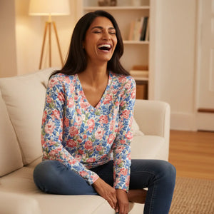 Floral Pink Rose Long Sleeve Shirt - v Neck Casual - Dipaliz - T-shirts - Xs