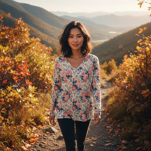Pink Rose Print Long Sleeve Shirt - Floral Blouse - Dipaliz - T-shirts - Xs
