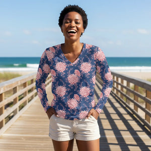 Floral Long Sleeve Shirt Pink Garden Navy Knit - Dipaliz - T-shirts - Xs