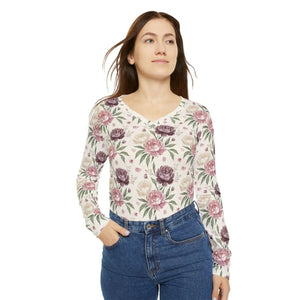 Floral V-neck Long Sleeve Shirt, Pink & Mauve Roses All-over Print - T-shirts