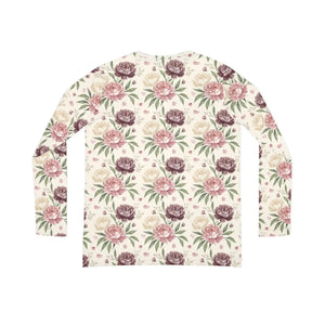 Floral V-neck Long Sleeve Shirt, Pink & Mauve Roses All-over Print - T-shirts