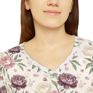 Floral V-neck Long Sleeve Shirt, Pink & Mauve Roses All-over Print - T-shirts