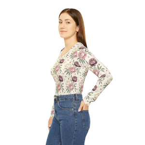 Floral V-neck Long Sleeve Shirt, Pink & Mauve Roses All-over Print - T-shirts