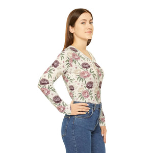 Floral V-neck Long Sleeve Shirt, Pink & Mauve Roses All-over Print - T-shirts