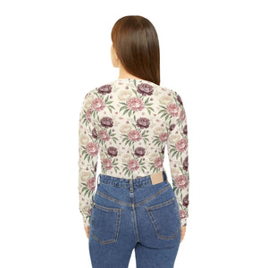 Floral V-neck Long Sleeve Shirt, Pink & Mauve Roses All-over Print - T-shirts