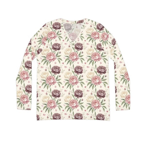 Floral V-neck Long Sleeve Shirt, Pink & Mauve Roses All-over Print - T-shirts