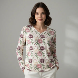 Floral V-neck Long Sleeve Shirt, Pink & Mauve Roses All-over Print - T-shirts