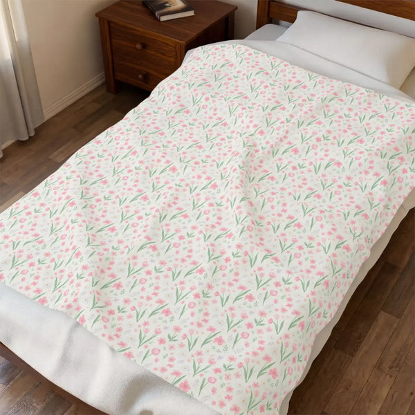 Pink Wildflower Velveteen Plush Blanket - Soft Throw - Dipaliz - 50’’ × 60’’ - All Over Prints