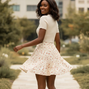 Floral Vine Skater Skirt, Cream & Blush Petite Flower Print - Skirts