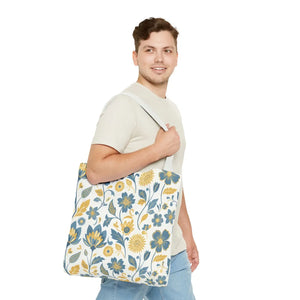 Vintage Floral Vine Tote - Blue Mustard Cotton - Dipaliz - Bags