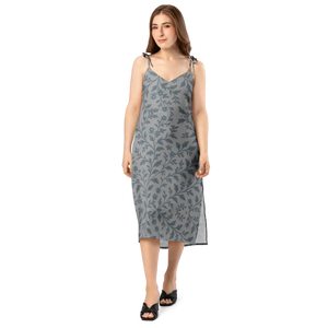 Floral Vines Midi Dress – Bluish Grey Chiffon - Dipaliz - Dresses - Xs
