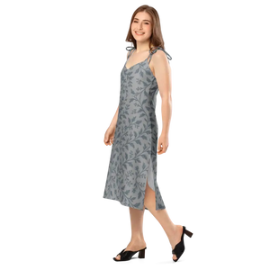 Floral Vines Midi Dress Bluish Grey Premium Fabric - Dipaliz - Dresses