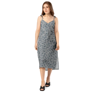 Floral Vines Midi Dress Bluish Grey Premium Fabric - Dipaliz - Dresses