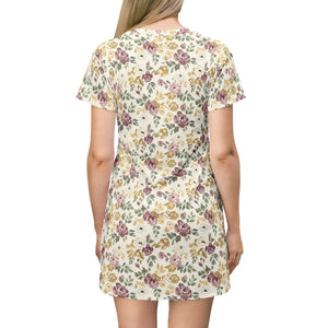 Floral Vintage Rose T-shirt Dress, All-over Print Spring Sundress - Dresses