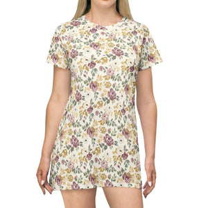 Floral Vintage Rose T-shirt Dress, All-over Print Spring Sundress - Dresses