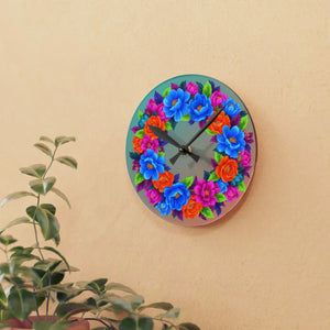 Vibrant Blue Acrylic Wall Clock Floral Wreath - Dipaliz - Clocks
