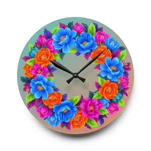 Vibrant Blue Acrylic Wall Clock Floral Wreath - Dipaliz - Clocks