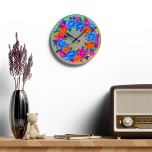 Vibrant Blue Acrylic Wall Clock Floral Wreath - Dipaliz - Clocks