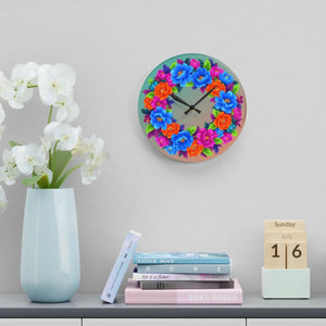Vibrant Blue Acrylic Wall Clock Floral Wreath - Dipaliz - Clocks